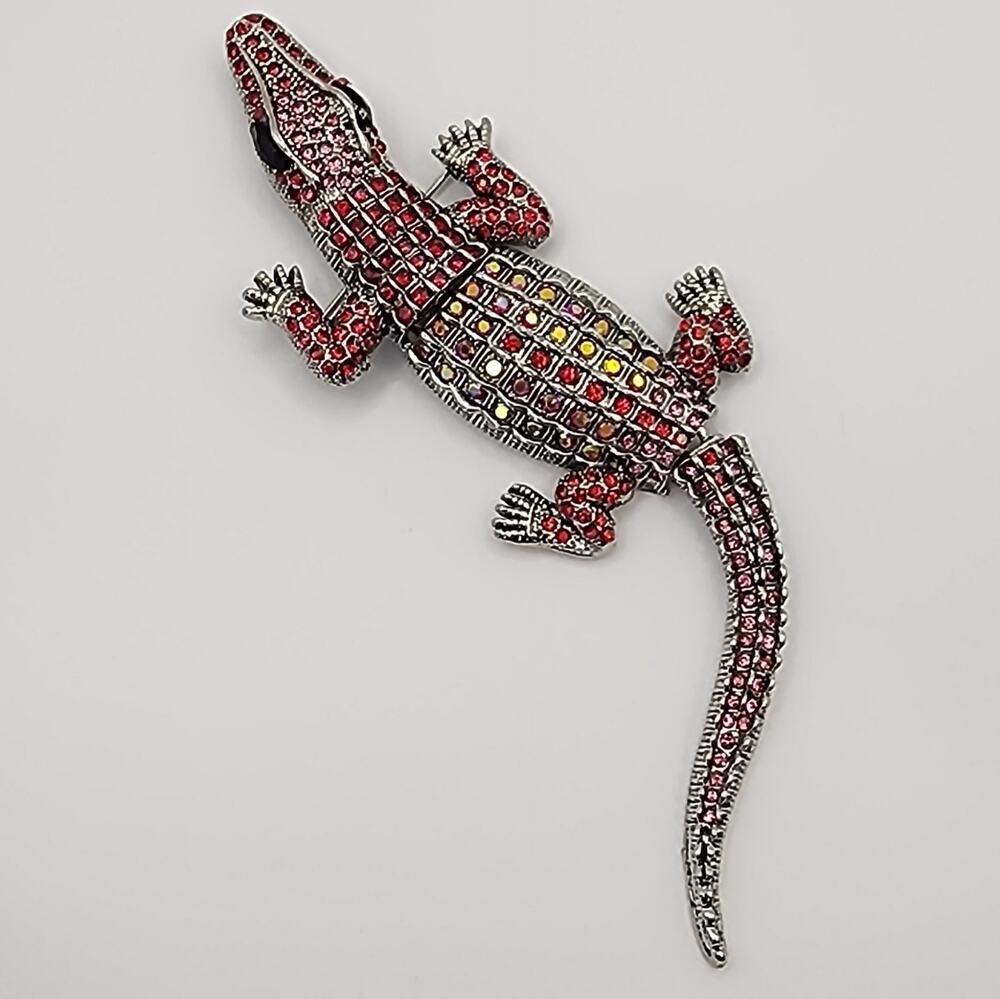 Crocodile Alligator Multi Red Rhinestones Brooch Silver Tone Metal Articulated